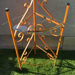 MCM Plant Stand Wrought Iron Orange With Glass Shelf