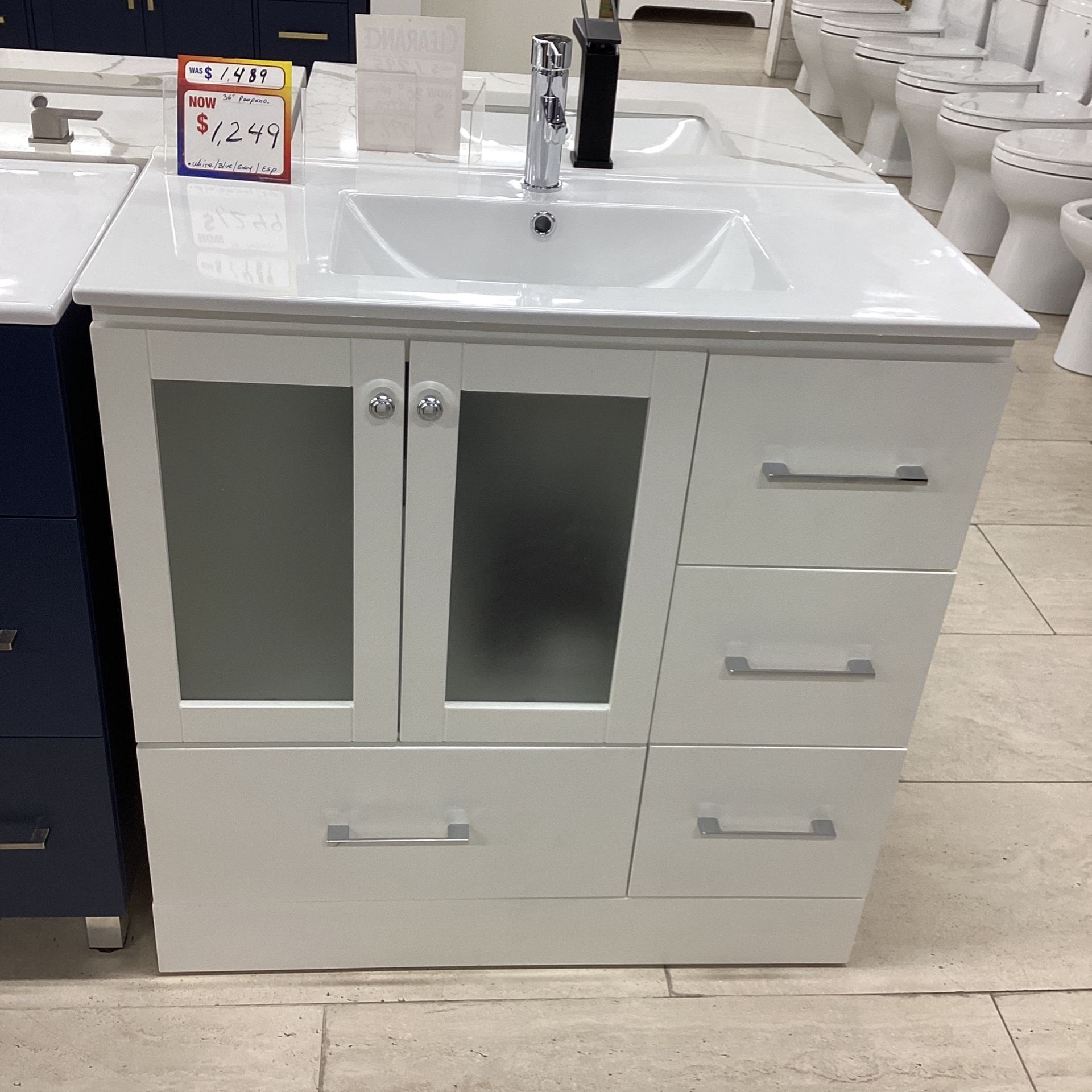 36” White Bathroom Vanity Ceramic Top Sink Chrome Handles And Knobs Solid Wood Soft Close Cabinets And Drawers