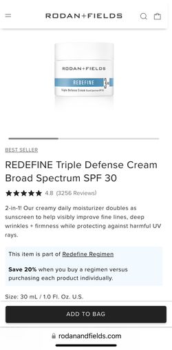 Rodan + Fields REDEFINE Triple Defense Cream. New in box, never opened. Two available. $85 each or both for $160. Retail price is $105 each after tax.