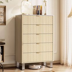 NEW005-beige $95  Fluted 5 Drawers Dresser, 48" H Modern Country Storage Dressers with Brushed Metal Handles, Wood Storage Organizers for Bedroom, Liv