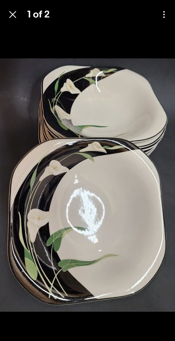 8 SANGO Vintage Quadrille Black Lilies 7.5” Bowls Square