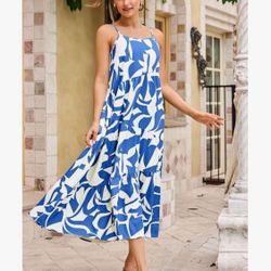 ECOWISH Women's Sleeveless Maxi Dress: Bohemian Loose Summer Beach Dress with Thin Straps, Asymmetrical Tiered Maxi Dress