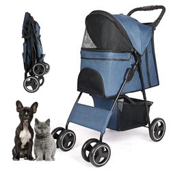 Pet Dog Stroller, Four Wheels Cat Dog Stroller With Storage Basket, Handle 360° Front Wheel Rear Wheel With Brake For Small Medium Dogs Cats Travel Fo