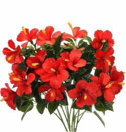 Hotop 5 Pack Artificial Hibiscus Flowers 33"x13" Silk & Plastic Tropical Bouquets Lifelike Blooms with Bendable Stems Faux Hawaiian Flowers for Home L