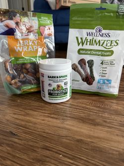 Bark and Spark Digestive Enzymes Prebiotics for Dogs (120ct), Wellness Whimzees Natural Dental Treats (24ct), and Pur Luv Jerky Wraps Sweet Potatoe wr