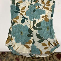 Van Heusen Top Button Up Blouse Teal Flowers Leafs Size S Petite Good Condition 