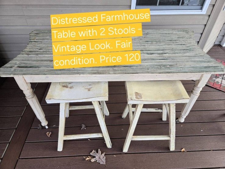 Distressed Farmhouse Table with 2 Stools - Vintage Look
