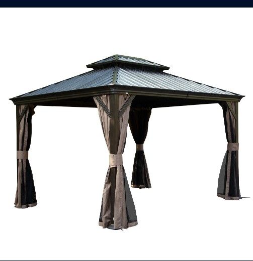 12' X 14' Hardtop Gazebo Upgraded Metal Gazebo with Drainage System Dual Layer Galvanized Steel Roof Curtain and Netting Outdoor Shelter Canopy fo