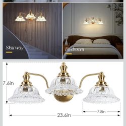 Vanity Light ( 3-light ) with crystal shades, gold color.  ( NEW )
