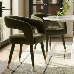 Set of 2 Modern Green Velvet Accent Dining Chairs, Upholstered Curved Back Armchairs with Gold Metal Legs for Small Dining Areas