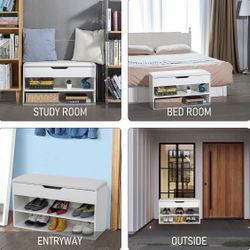 NEW IN BOX!! Shoe Rack Bench with Leather Cushion Seat and Drawer, 2 Tier Shoe Storage Bench