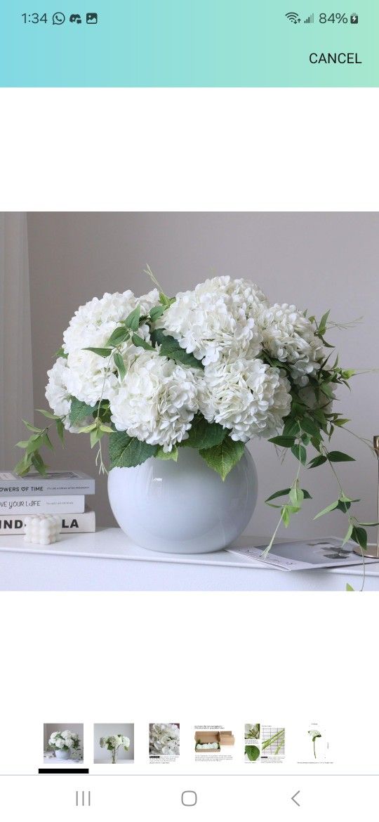 4pcs 21" Faux White Hydrangeas Artificial Flowers, Real Touch Silk Hydrangea Flowers with Stems for Bridal Wedding Bouquet Party Home Decor