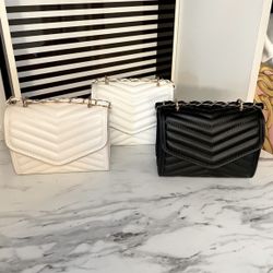 Chevron Quilted Chain Crossbody Bag - Choice of Black, White, or Cream/Beige