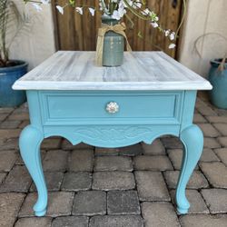 Turquoise And White End Table 