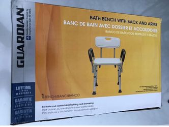 Guardian Shower Chair Bath Seat w Padded Armrest and Back, 350lb Capacity, White