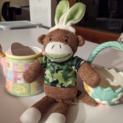 Bunny Sock Monkey and Ceramic Easter Decor 