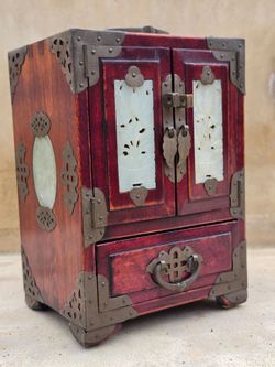 Vintage Chinese Rosewood & Carved Jade Jewelry Box / Chest