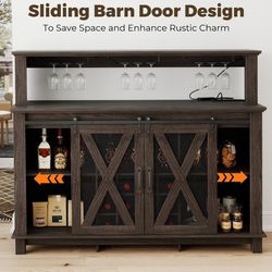 55" Farmhouse Bar Cabinet, Wine Coffee Bar Cabinet With Led Lights And Sliding Barn Door, Home Bar With Wine Racks And Glass Holder