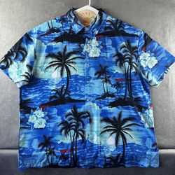 Blue Hawaiian Shirt Mens 3XL Tropical Palm Tree Button Up Short Sleeve