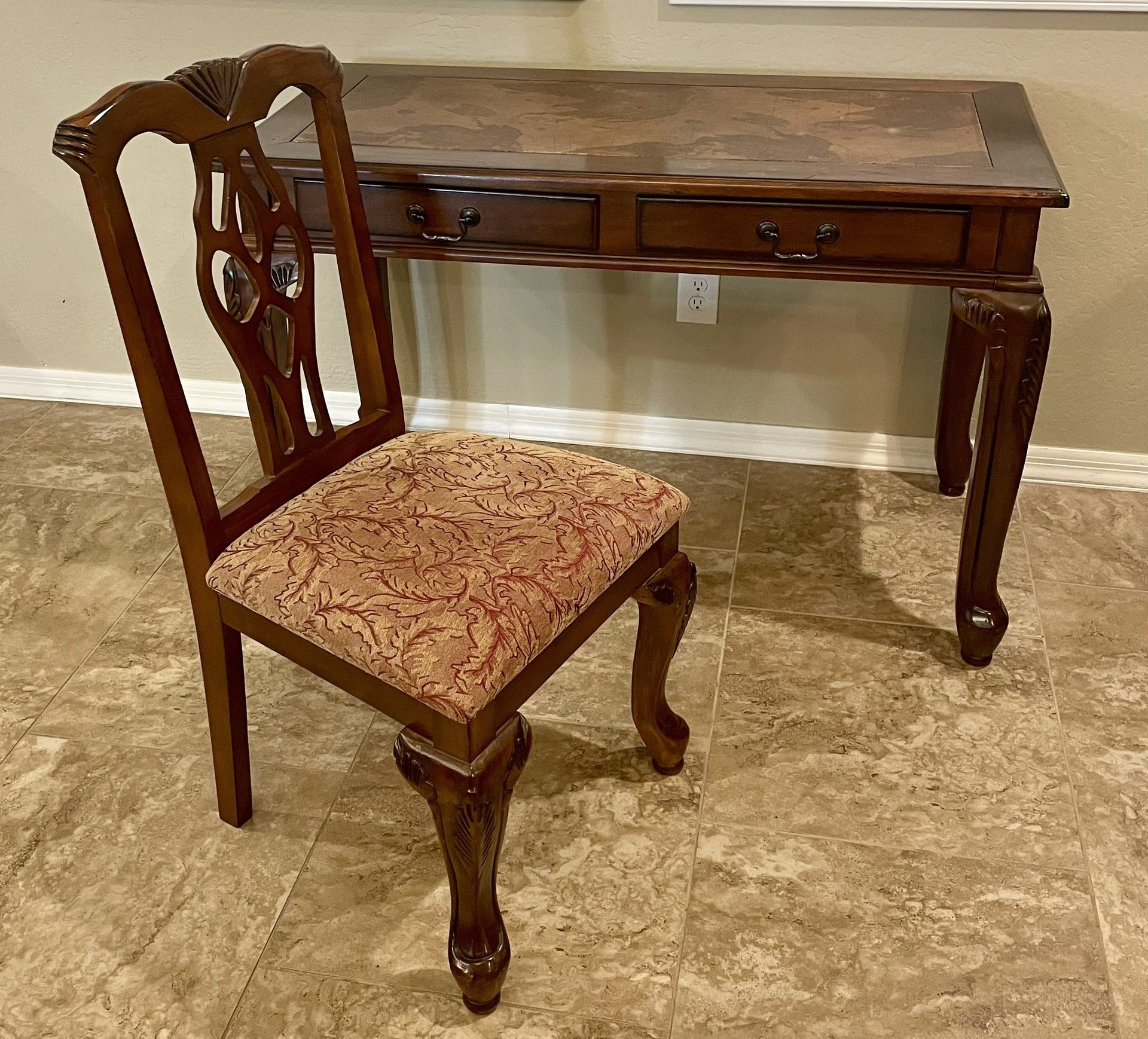 World Map Wood Desk and Chair Set Hardwood