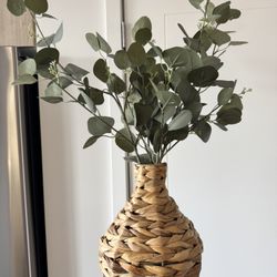 Woven Vase With Faux Eucalyptus Leaves