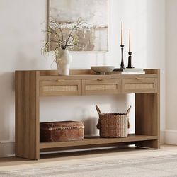 60" Rattan Console Table for Entryway - Farmhouse Entry Table Sofa Table with 3 Drawers, Narrow TV Console Table with Storage