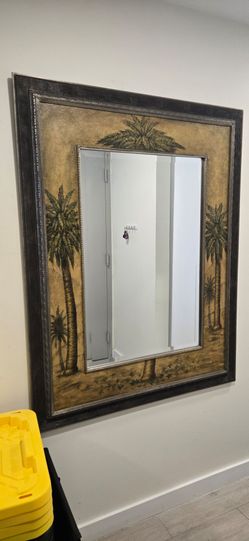 Moving Sale - Vintage Mid-Century Wall  Mirror Hand Painted Palm Tree Heavy  Mirror
