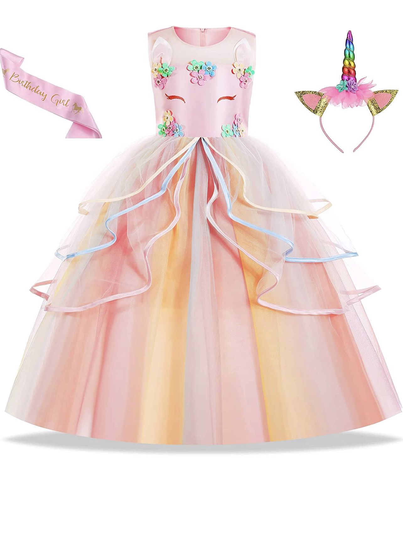 Brandnew  Unicorn Dress for Girls Unicorn Costume with Headband & Satin Sash for Birthday Party(12-13years)