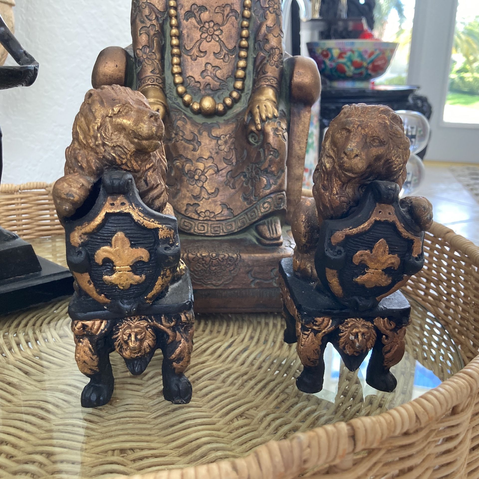 PAIR of Lion Statues, Shield, Crest & Fleur De Lis 2 For $40. Bronze - Brass Monkey Statue $50.