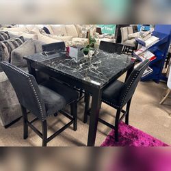 Black faux marble 5 pc counter height dining table set