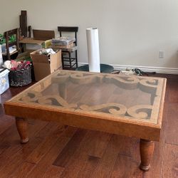 Carved Wooden Glass Top Coffee Table