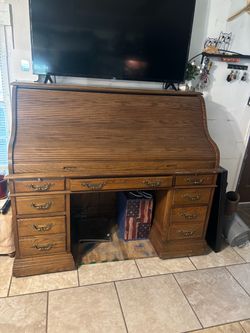 Oak Roll Top Desk with Drawers