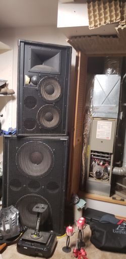 JBL 4719a and 4732a speaker cabinets with speakers Mackie 32 Channel 8 board Crest 8001 amp rack with crossover and Mackie tweeter amp