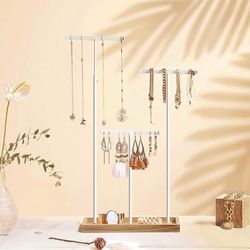 Jewelry Display Stand Holder, Jewelry Rack Tree with 3 T-Shape Metal Bars with Holes Rustic Brown and White