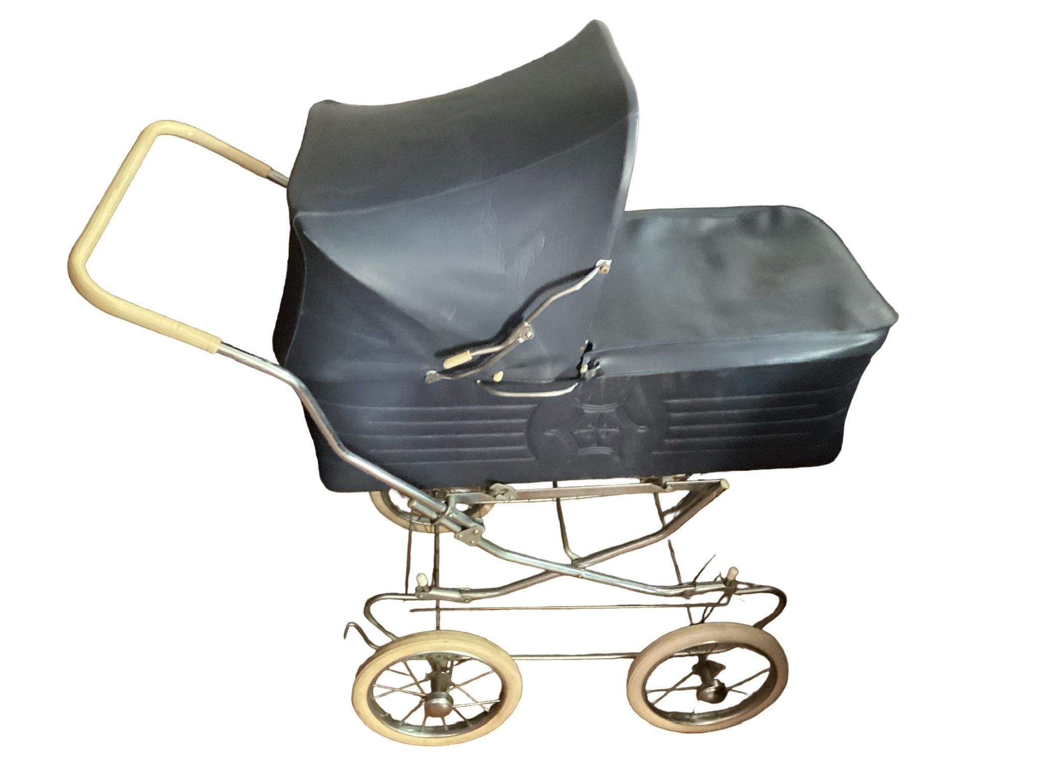 "Vintage navy blue baby carriage with white wheels. Classic and charming!