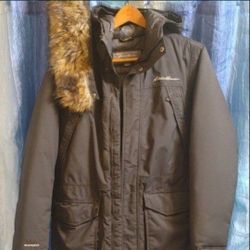 MEN'S Eddie Bauer Size S DOWN INSULATED Hooded 3/4 Length Parka Jacket W/Removable Faux Fur Hood Trim (NW/OT)UNWORN!😇 Please Read Description.