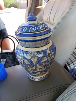 Vintage 10" Blue and White Ceramic Lidded Ginger Jar, Hand-Painted Faience Majolica Style Urn, Mid-Century Chinoiserie Mantel Decor