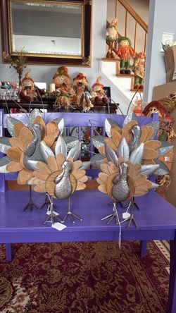 Decorative Metal and Wood Turkey Figurines