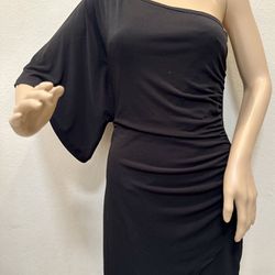One Shoulder Side Ruched Little Black Dress Tulip Wrap Hem Mini Dress LBD 