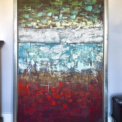 Large Modern Abstract Painting – 64" Textured Original – Silver Frame