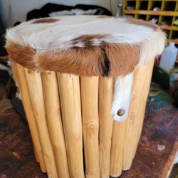 Cow Hide Topped Wooden Stool