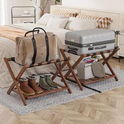 LE40 $50  Smart FENDEE Fully Assembled Walnut Luggage Racks Set of 2, Foldable Suitcase Stand with Storage Shelf, Bamboo Luggage Holders for Guest Roo