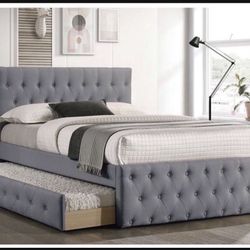 New In Box FULL BED W/TRUNDLE-LIGHT GREY BURLAP And 2 Mattresses.