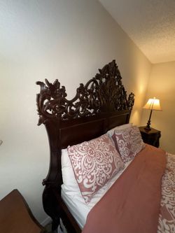 Stunning Carved Wood Queen Bed Frame + Mattress – $500