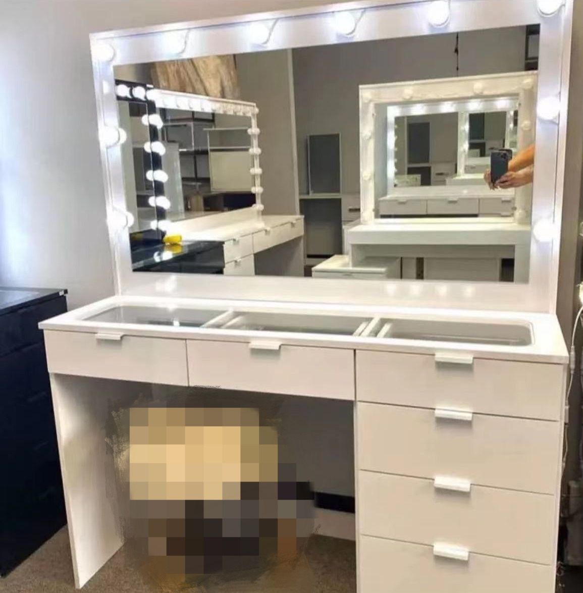 Lager Makeup Vanity with Hollywood Lights Built-in, 6 Drawers, Wide Hollywood Mirror, Glam Glass Top