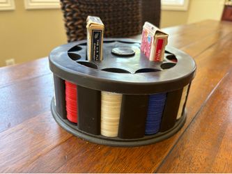Approximately 285 plastic poker chips, holder, and cards