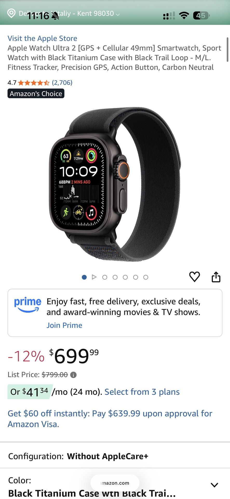 Apple Watch Ultra 2 (GPS + Cellular, 49MM) - Black Titanium Case with Black Ocean Band 