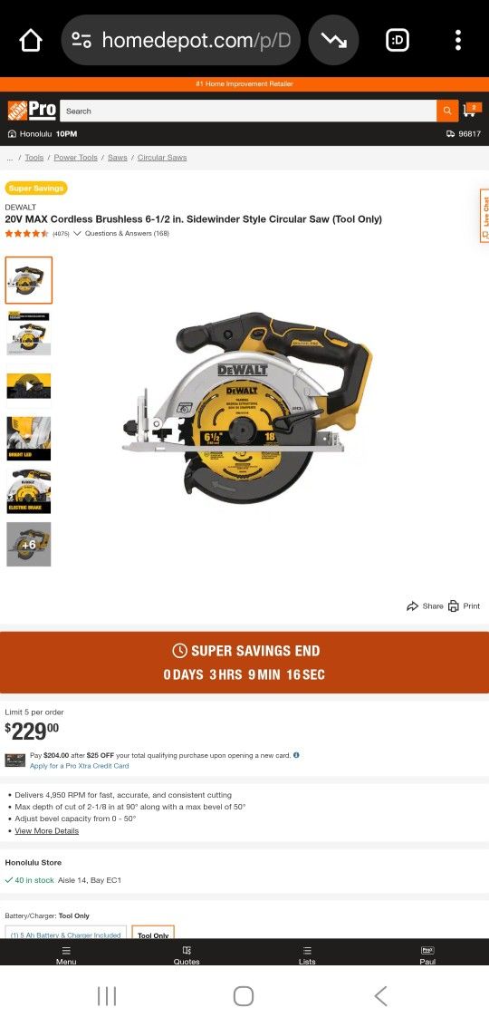Dewalt 20v MAX Cordless Brushless 6.5in Circular Saw