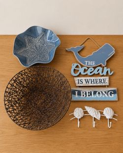 Coastal home decor, Buendel, ocean sign, starfish bowl, wire basket, and shell hooks Coastal home decor, bundle-ocean sign, starfish bowl, wire basket