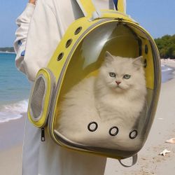 Yellow| New! Space Capsule Pet Carrier Backpack – For Small Cats & Dogs  Clear Breathable Bubble Window | Airline-Approved | Travel & Hiking Carrier 